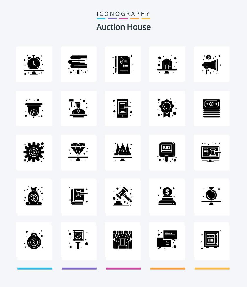 Creative Auction 25 Glyph Solid Black Icon Pack wie Werbung. Haus. Gesetze. Heimat. Siegel vektor