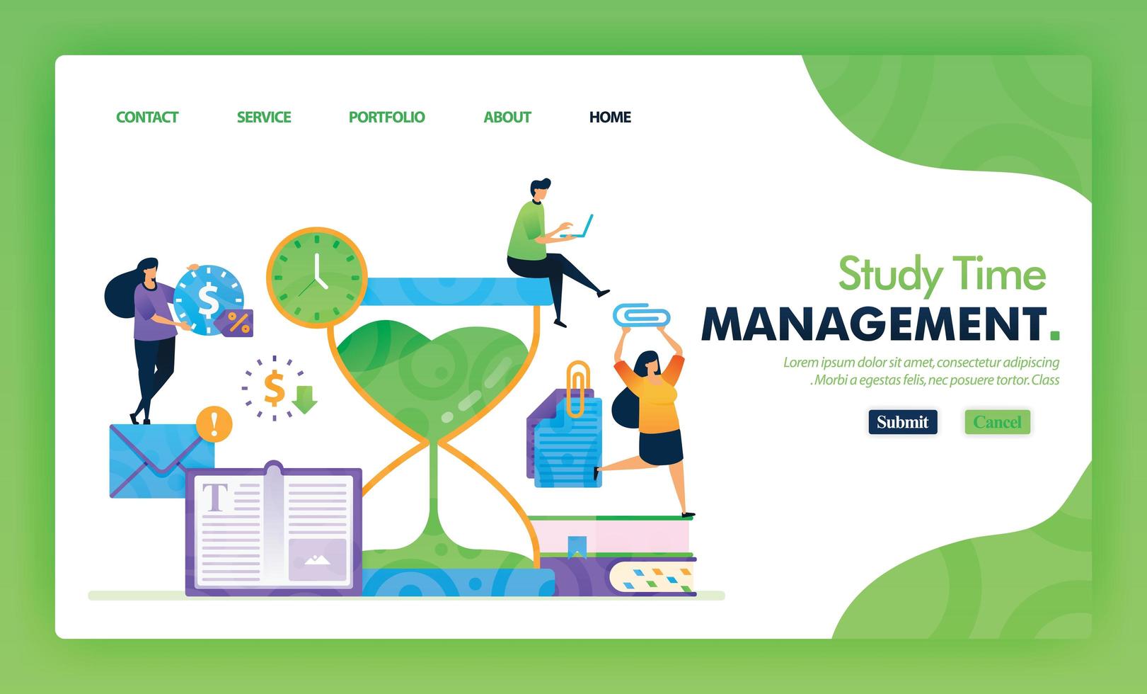 Zielseiten-Illustrationskonzept zurück zur Schule des Studienzeitmanagements. Das Studium für Marketing und Werbung kann für Websites, Web, UI-Apps, Flyer, Poster, mobile Apps und Broschüren verwendet werden vektor