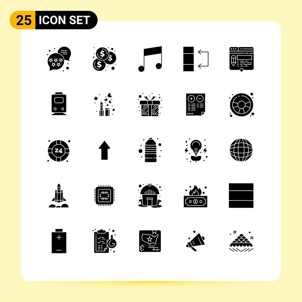 modern uppsättning av 25 fast glyfer pictograph av järnväg hemsida notera sida redigera redigerbar vektor design element
