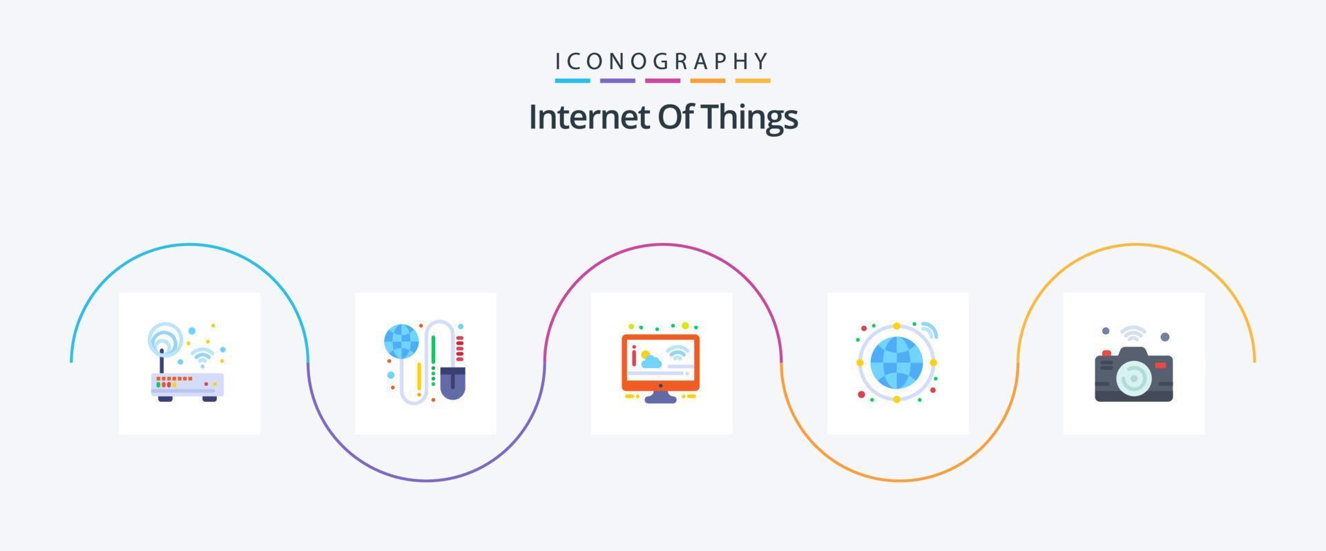 Internet der Dinge Flat 5 Icon Pack inklusive Kamera. Internet. Maus. Globus. Bildschirm vektor