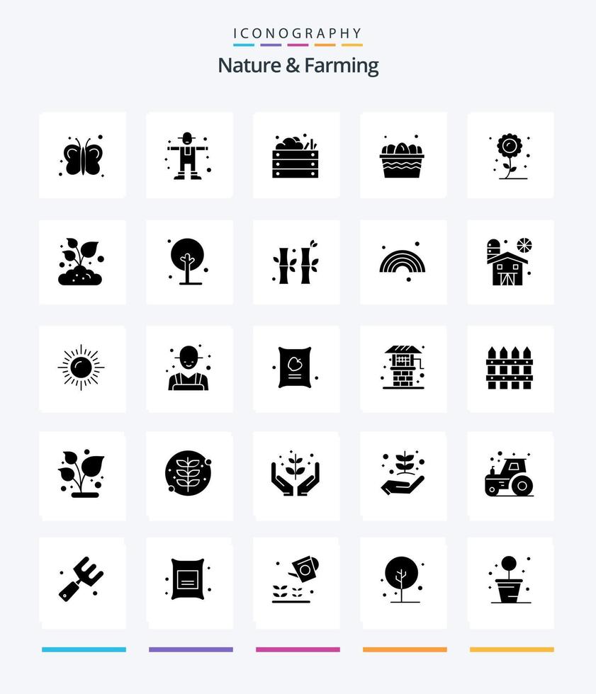 kreative Natur und Landwirtschaft 25 Glyphen solide schwarze Symbolpackung wie Landwirtschaft. Bauernhof. Landwirtschaft. Ei. Gemüse vektor