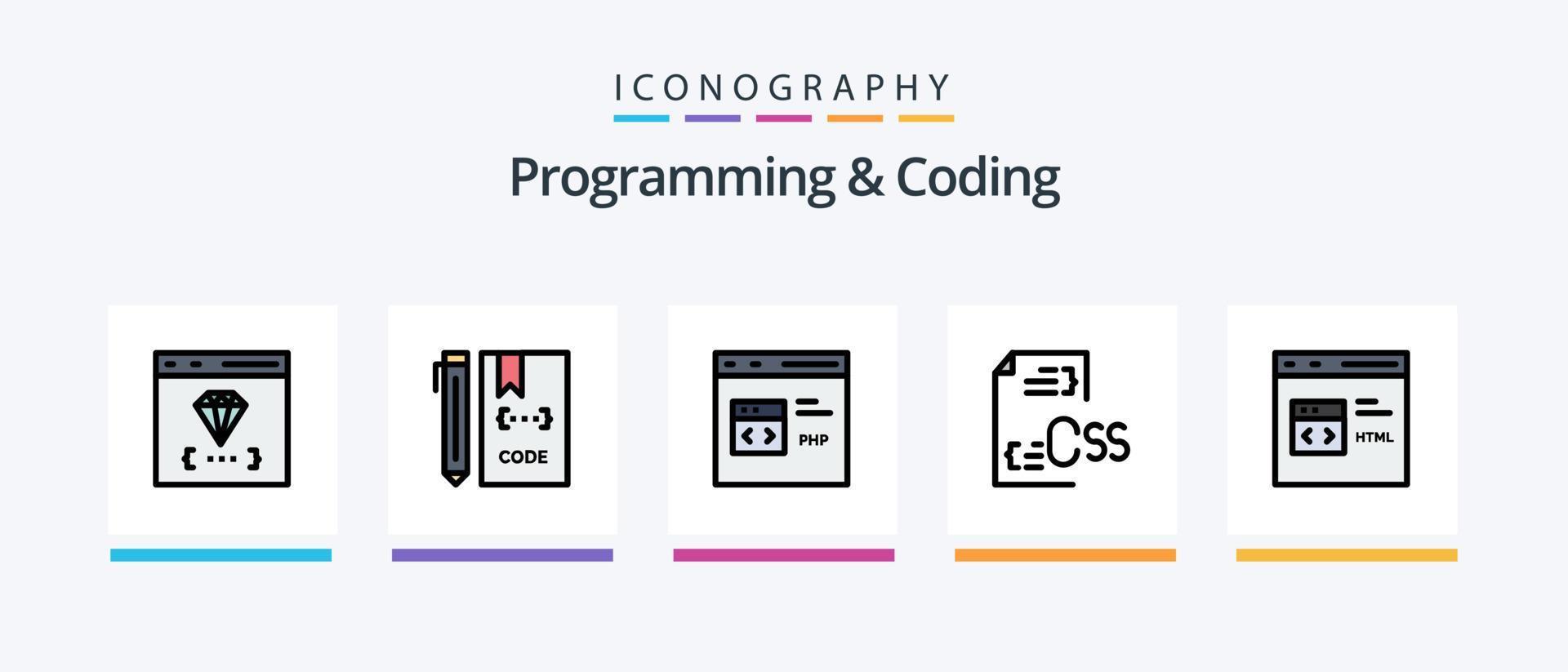 programmering och kodning linje fylld 5 ikon packa Inklusive utveckling. kodning. panel. lista. utveckla. kreativ ikoner design vektor