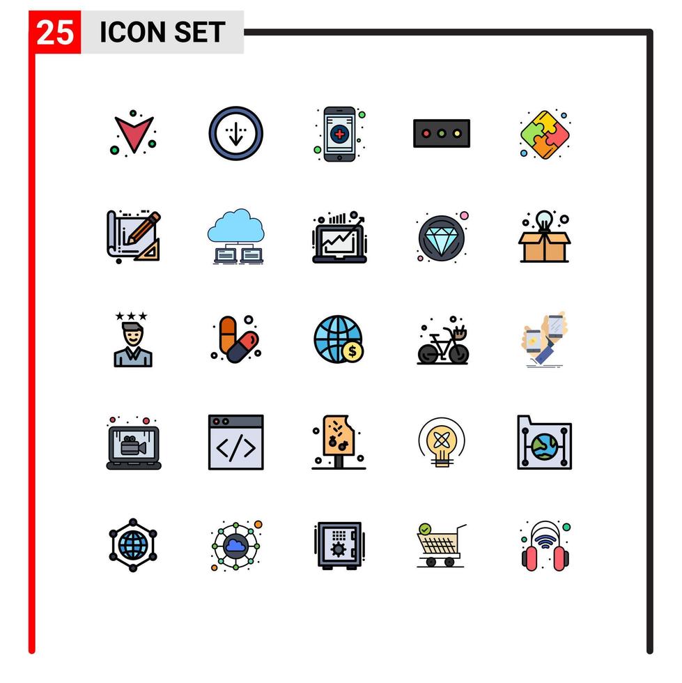 universelle Symbolsymbole Gruppe von 25 modernen gefüllten Linien flache Farben der Architektur Teamarbeit medizinische Strategie Sicherheit editierbare Vektordesign-Elemente vektor