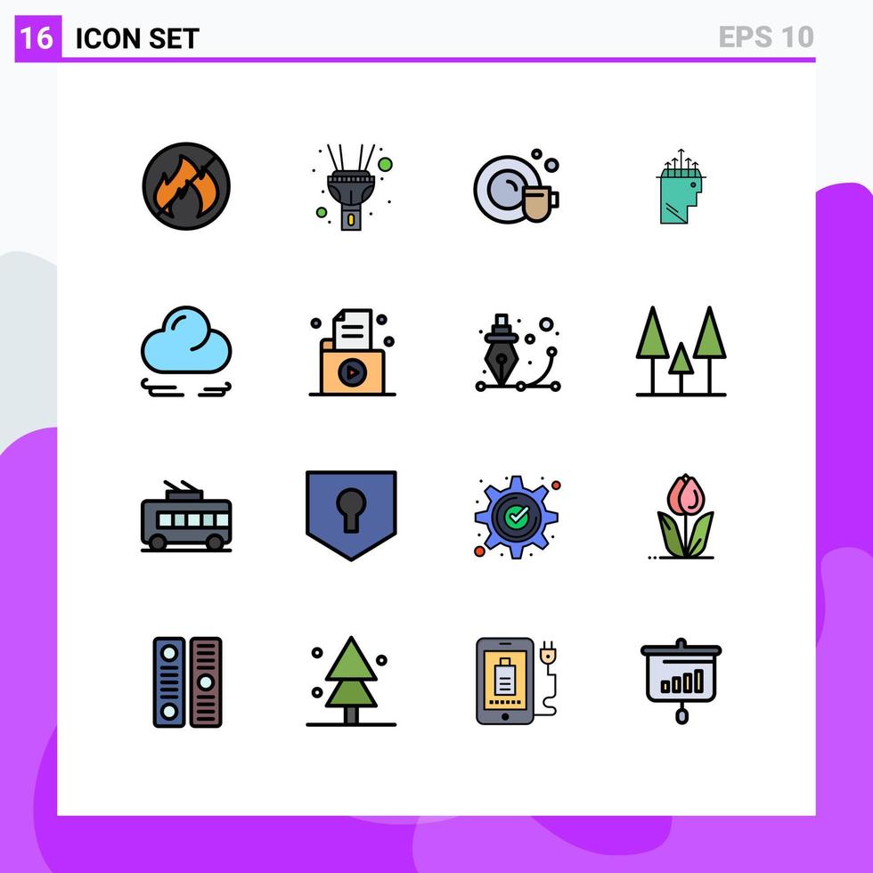 uppsättning av 16 vektor platt Färg fylld rader på rutnät för fil halvmåne rengöring moln psykologi redigerbar kreativ vektor design element