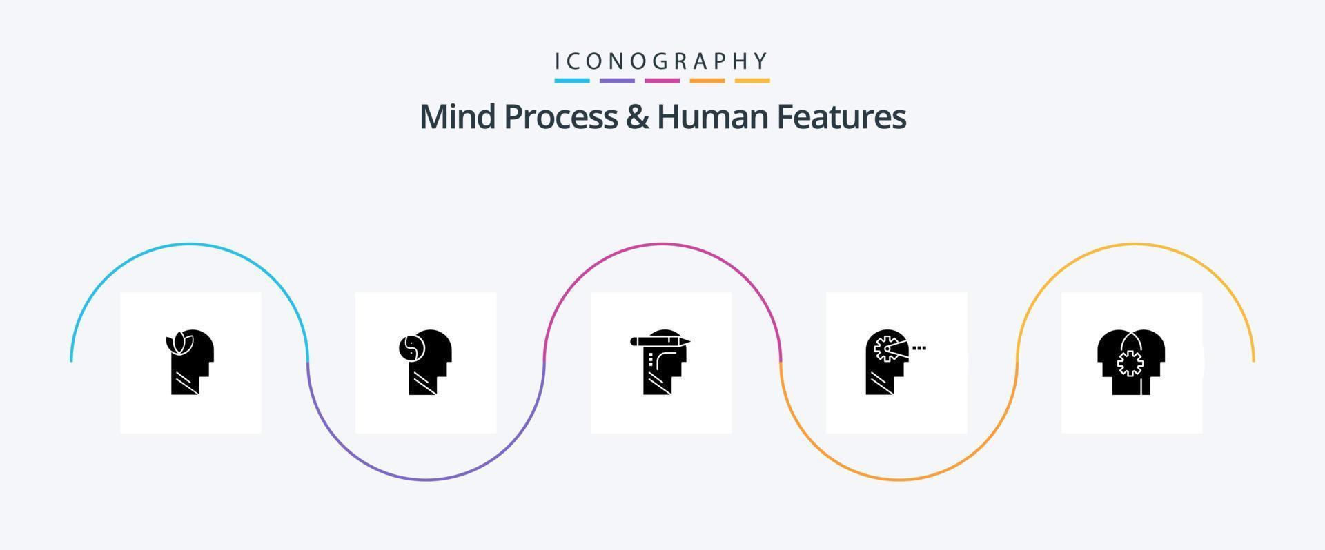 Mind Process und Human Features Glyph 5 Icon Pack inklusive Kontrolle. Kopf. Kopf. Verstand. kognitiv vektor