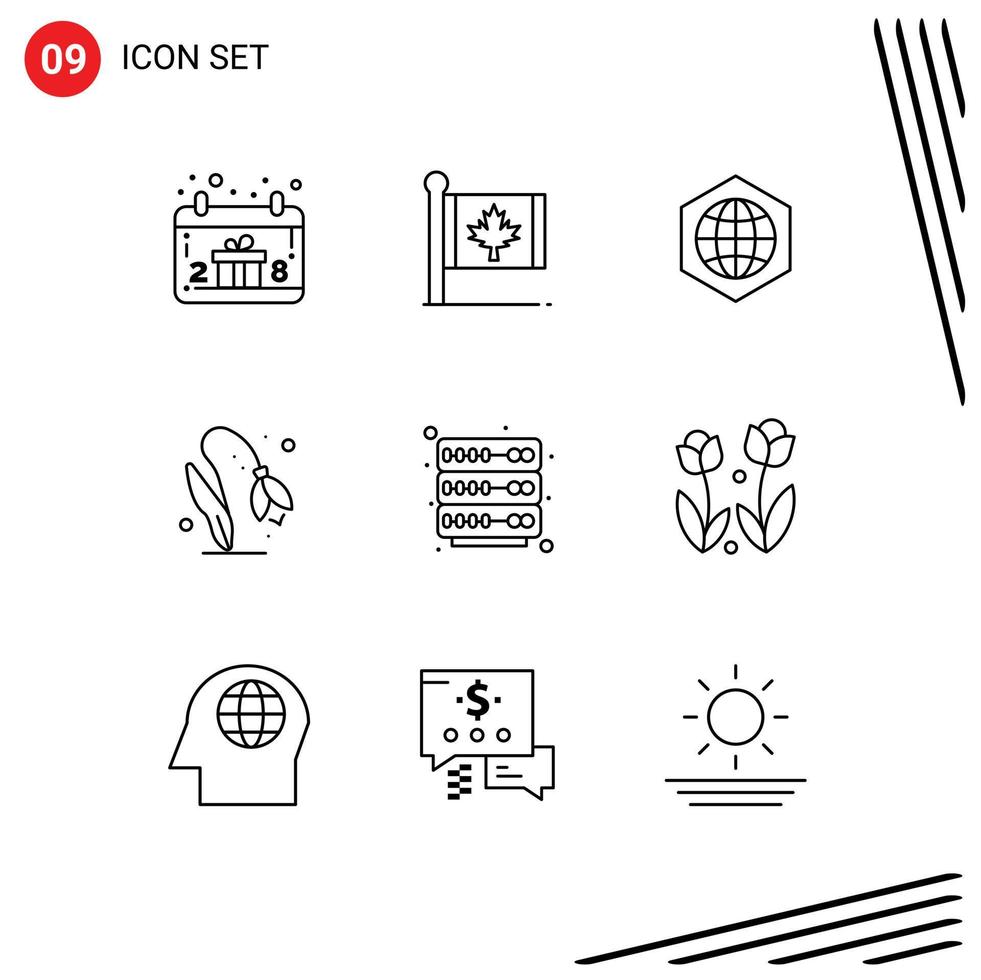 Stock Vector Icon Pack mit 9 Zeilenzeichen und Symbolen für das Hosting von Naturahorn-Blumeninternet-editierbaren Vektordesign-Elementen