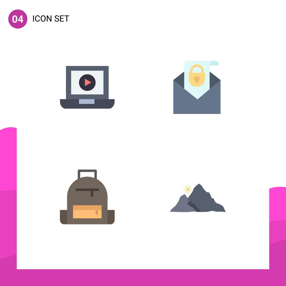 packa av 4 modern platt ikoner tecken och symboler för webb skriva ut media sådan som bärbar dator camping post säkerhet skola redigerbar vektor design element