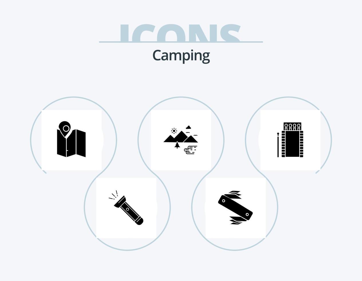 camping glyf ikon packa 5 ikon design. utomhus. berg. schweiziska. plats. planen vektor