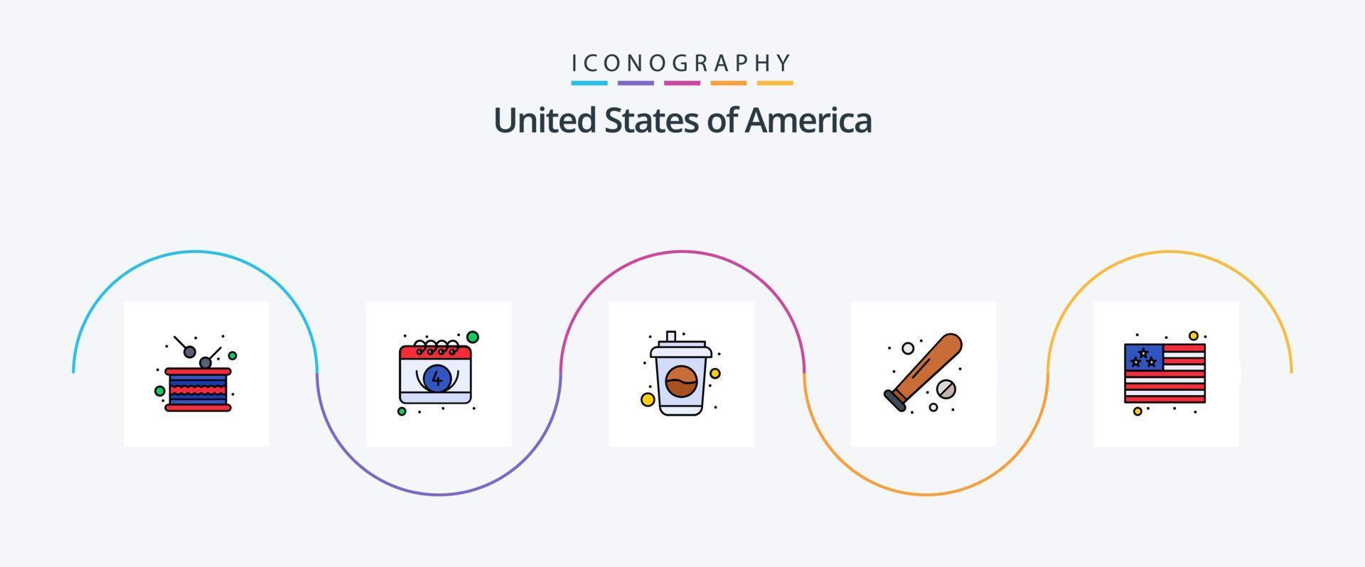 USA linje fylld platt 5 ikon packa Inklusive usa. fladdermus. dag. baseboll. soda vektor