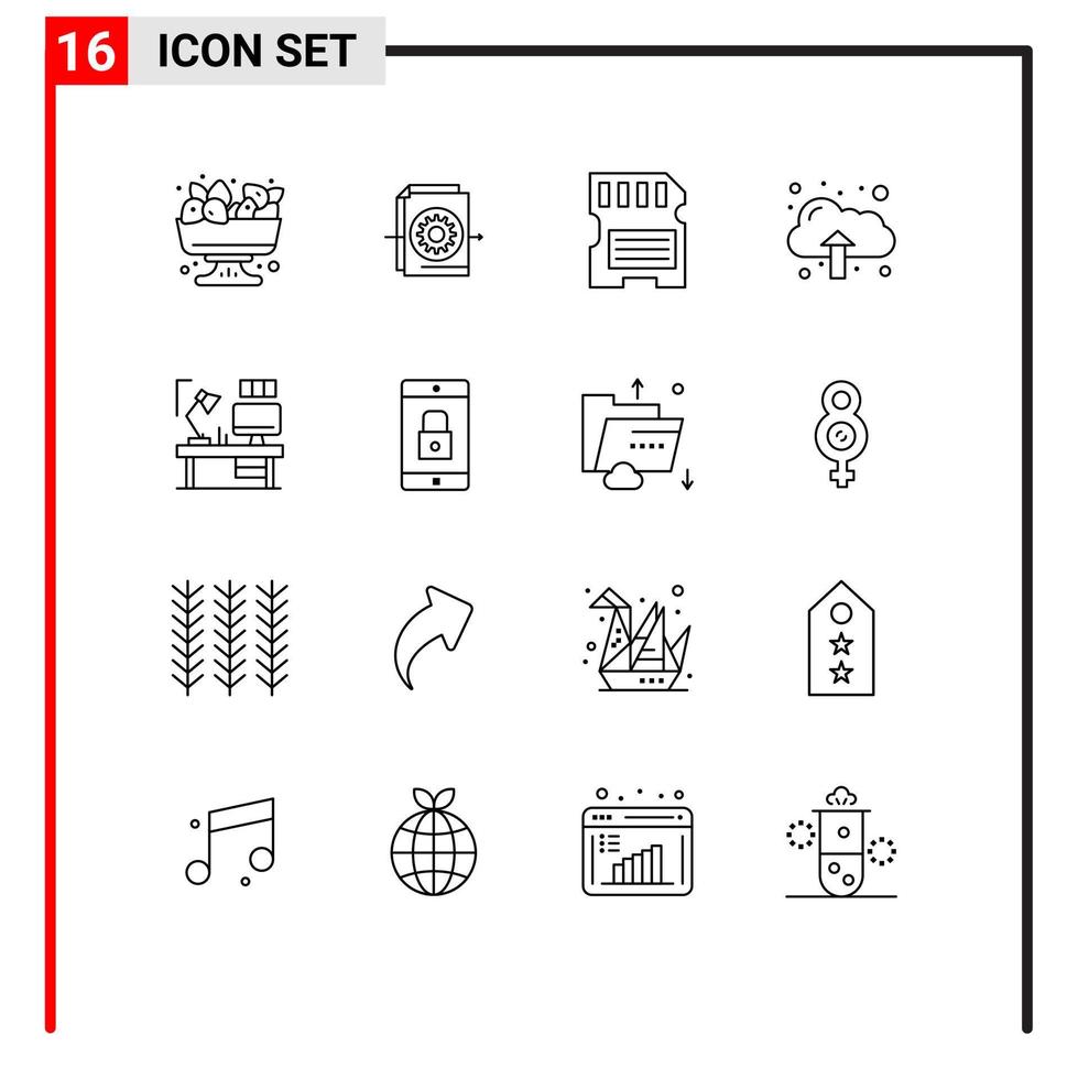 Gruppe von 16 umreißt Zeichen und Symbole für Lampentischkarten-Upload-Cloud-editierbare Vektordesign-Elemente vektor