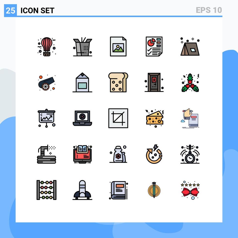 mobil gränssnitt fylld linje platt Färg uppsättning av 25 piktogram av tält lägereld fil läger sida redigerbar vektor design element