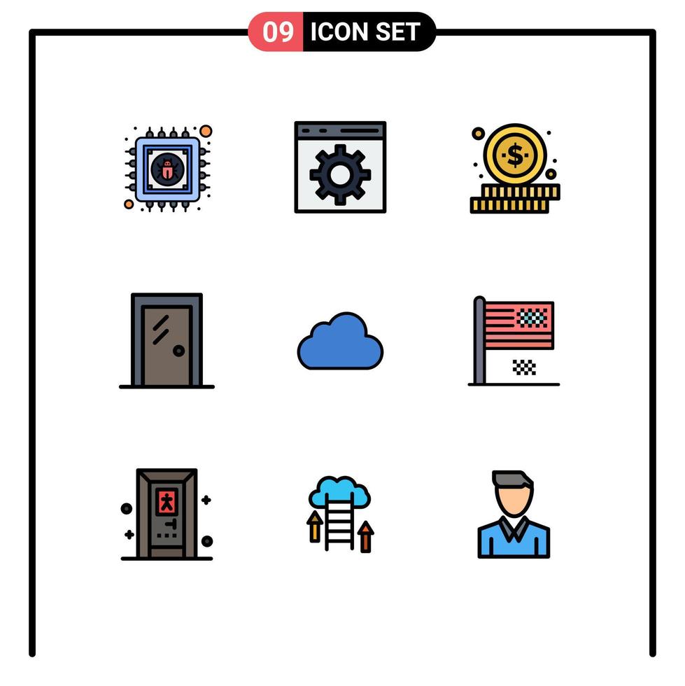 9 universell fylld linje platt Färg tecken symboler av data rum uppkopplad interiör glas dörr redigerbar vektor design element