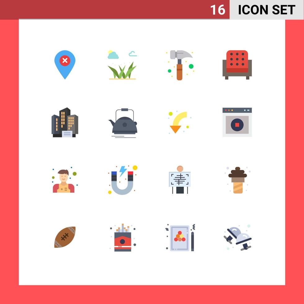 uppsättning av 16 vektor platt färger på rutnät för byggnad adress klo hammare soffa interiör redigerbar packa av kreativ vektor design element