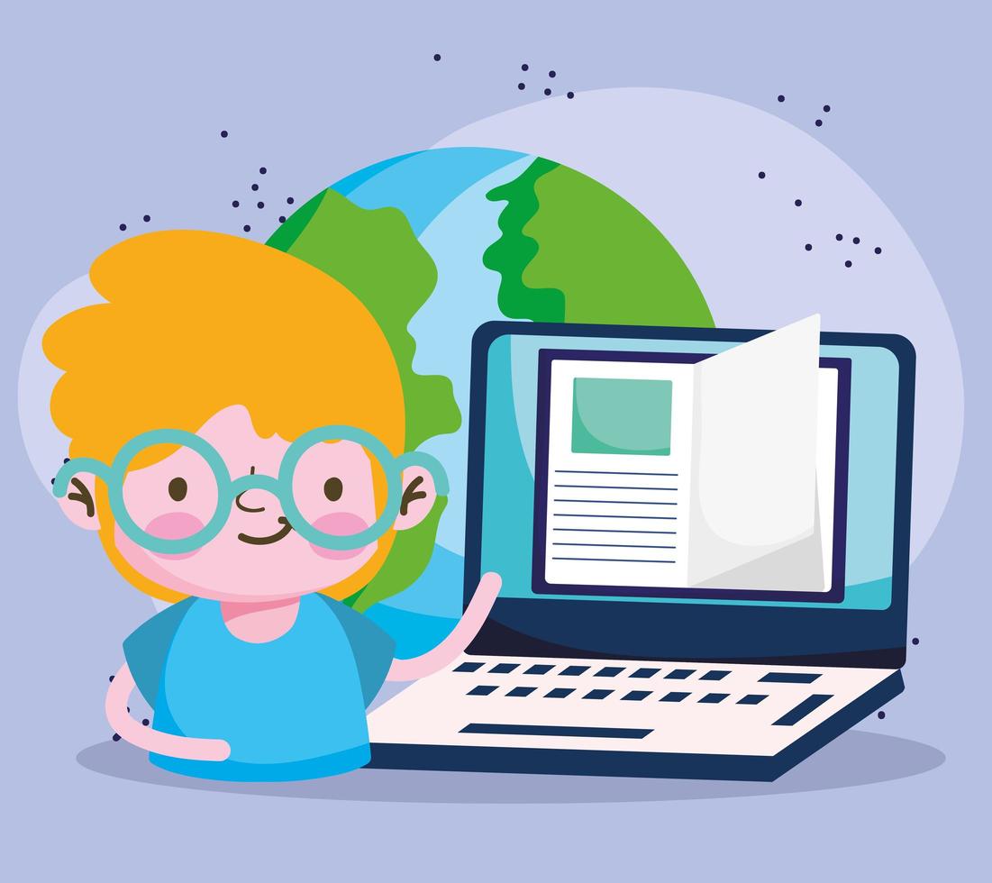 utbildning online, student pojke laptop ebook världen studerar vektor