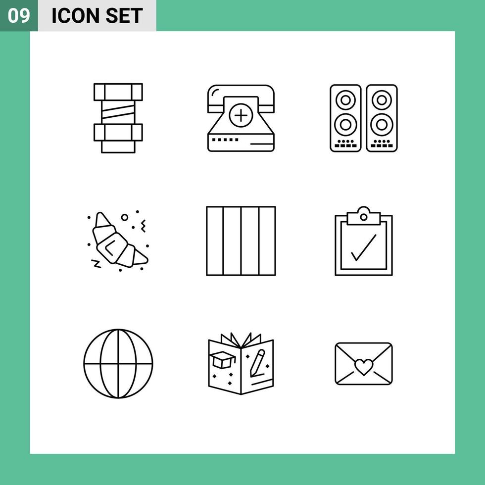Stock Vector Icon Pack mit 9 Zeilen Zeichen und Symbolen für komplette Grid Cinema Food Croissant editierbare Vektordesign-Elemente