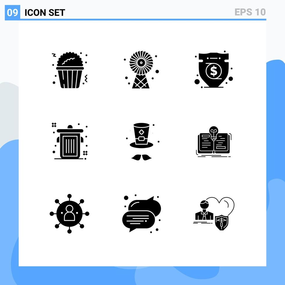 piktogram uppsättning av 9 enkel fast glyfer av bok keps försäkring hatt redaktionell redigerbar vektor design element