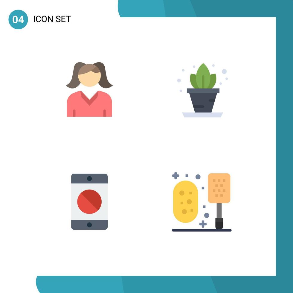 satz von 4 kommerziellen flachen symbolen paket für weibliche fehler zu hause handy bad editierbare vektordesignelemente vektor