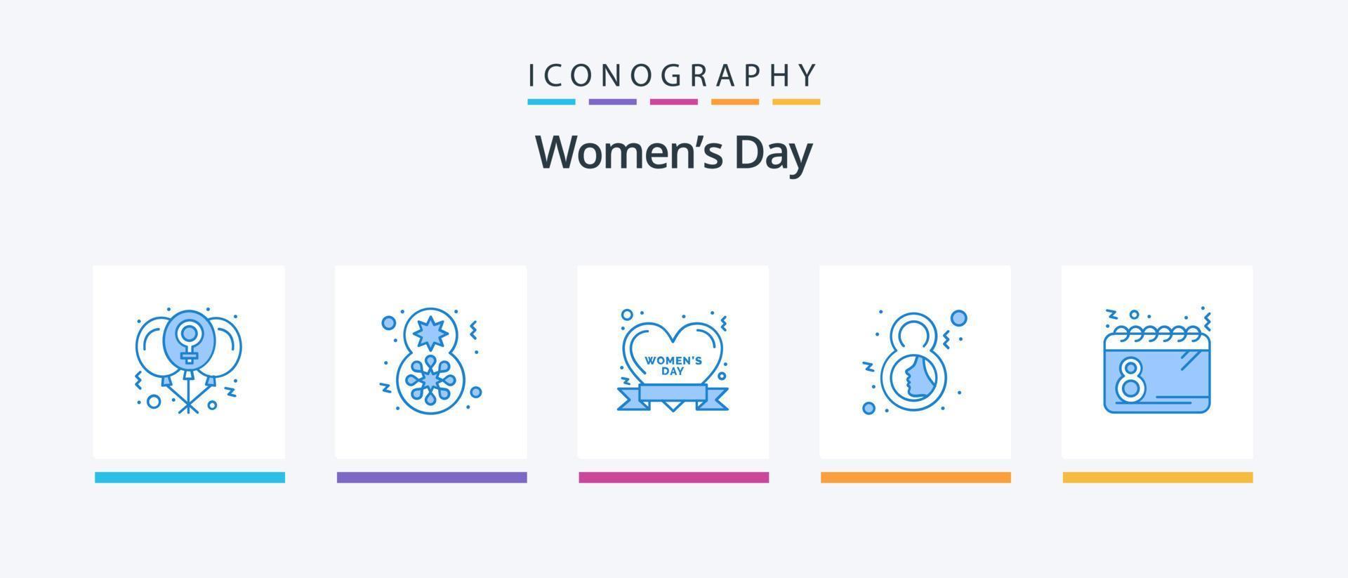 kvinnor dag blå 5 ikon packa Inklusive ansikte. kvinna. kvinnor fira. åtta. kvinnor dag. kreativ ikoner design vektor