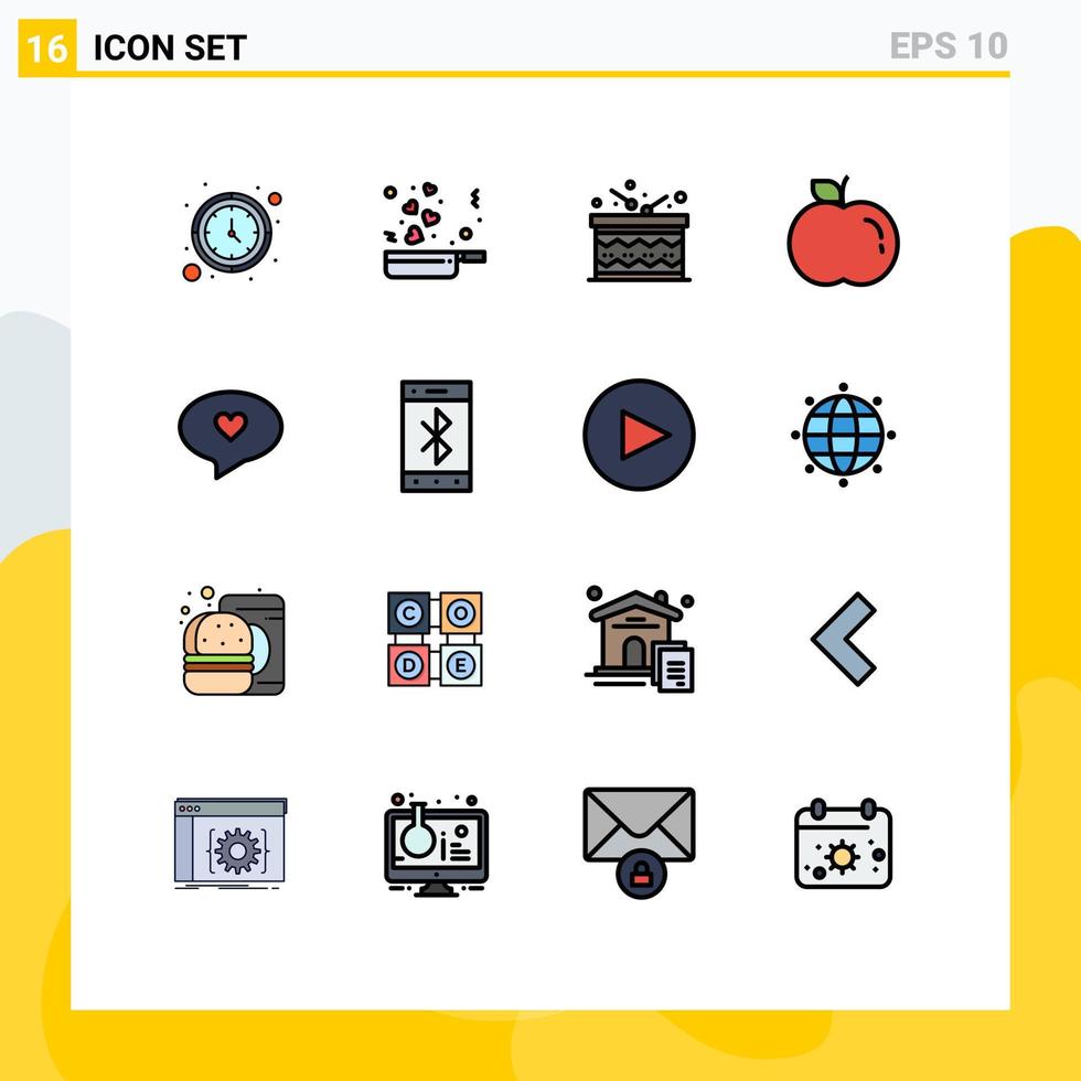 universelle Symbolsymbole Gruppe von 16 modernen, flachen, farbgefüllten Linien von Bluetooth-Herzfeier-Chat-Apfel-editierbaren kreativen Vektordesign-Elementen vektor