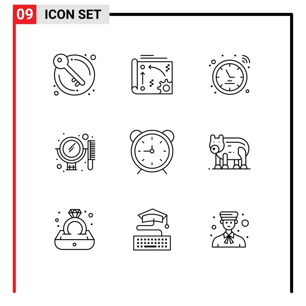 Packung mit 9 modernen Umrissen, Zeichen und Symbolen für Web-Printmedien wie Uhr, Spiegel, API, Kamm, Uhr, bearbeitbare Vektordesign-Elemente vektor