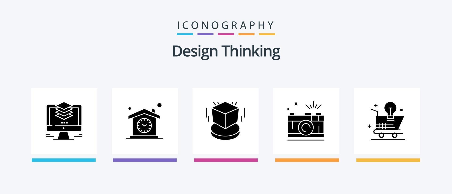 Design Thinking Glyph 5 Icon Pack inklusive Foto. Kamera. Uhr. Design. Würfel. kreatives Symboldesign vektor