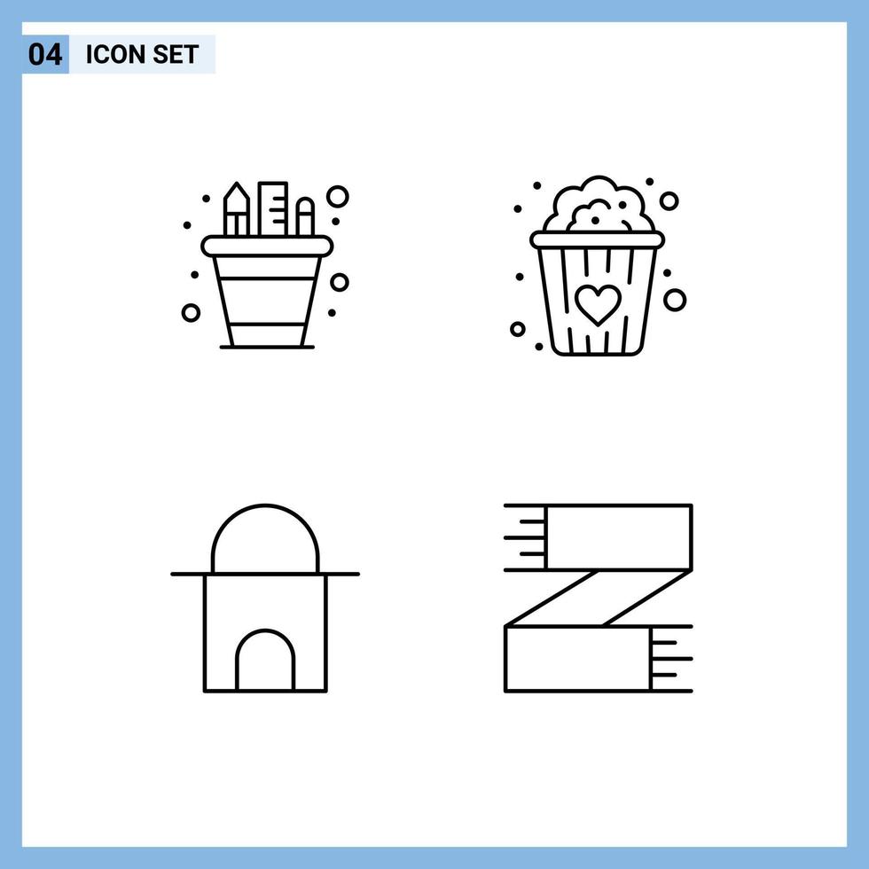 4-Benutzeroberflächen-Linienpaket mit modernen Zeichen und Symbolen des historischen Geschäftsgebäudes, Bleistifttopf, Popcorn-Moschee, editierbare Vektordesign-Elemente vektor