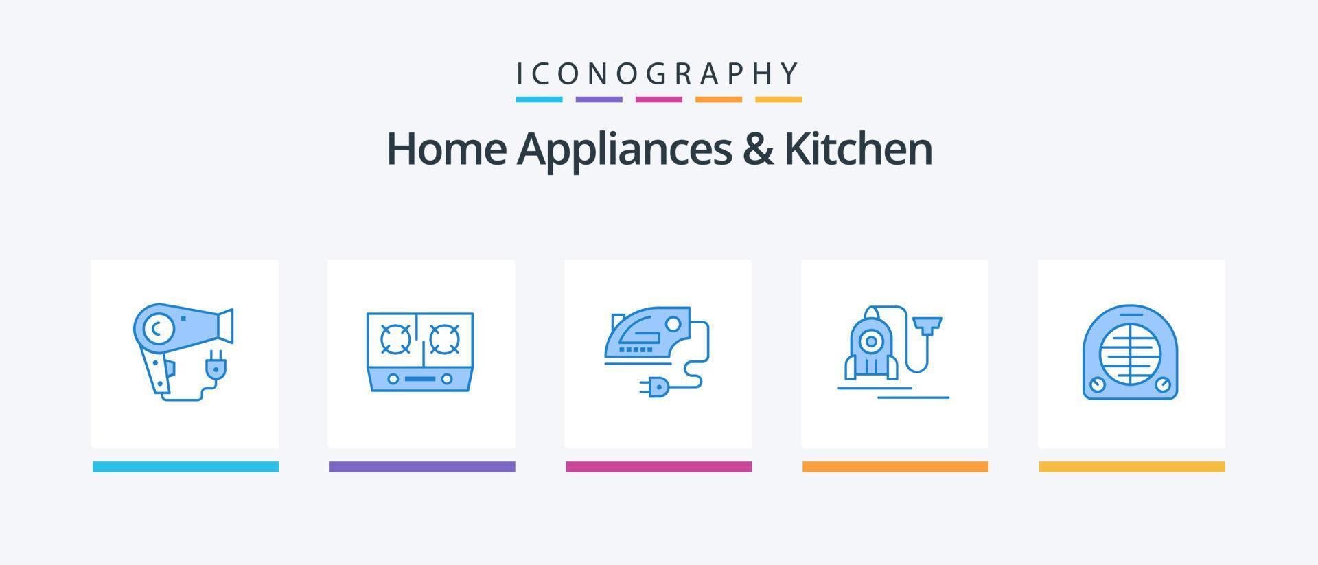 haushaltsgeräte und küche blau 5 icon pack inklusive heizung. Kabel. elektrisch. Hotel. Vakuum. kreatives Symboldesign vektor