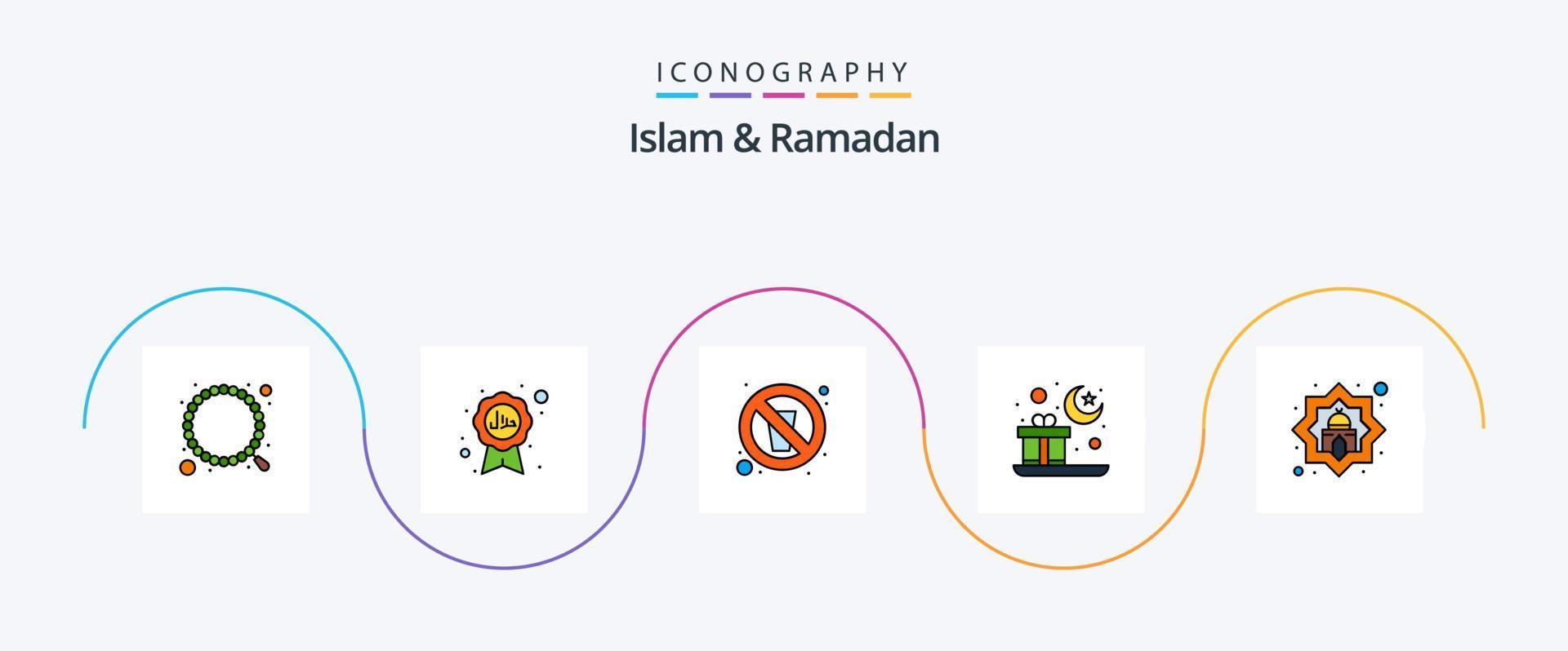 islam- und ramadan-linie gefülltes flaches 5-ikonenpaket einschließlich gebet. Mubarak. Trinken. Geschenk. Wasser vektor