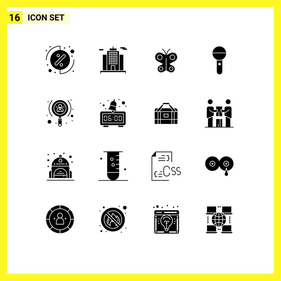 16 universelle solide Glyphenzeichen Symbole für das Wachstum von Investoren Insekt Tonmikrofon editierbare Vektordesign-Elemente vektor