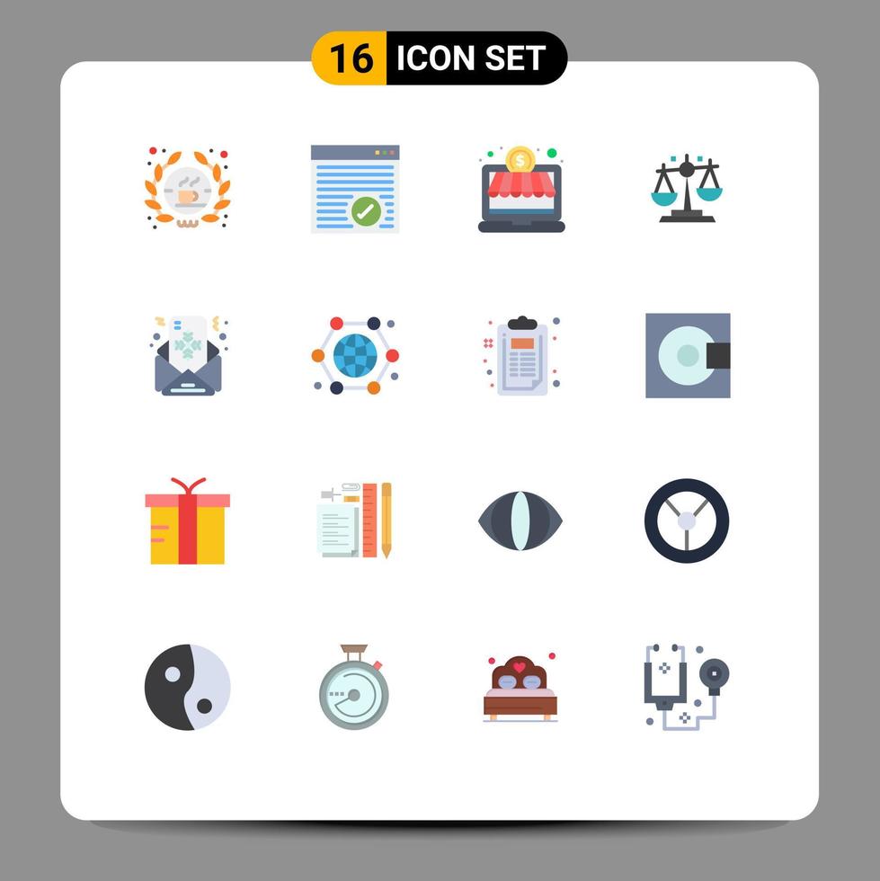 Stock Vector Icon Pack mit 16 Zeilen Zeichen und Symbolen für Briefpost Online-Shop Finanzrecht editierbares Paket kreativer Vektordesign-Elemente
