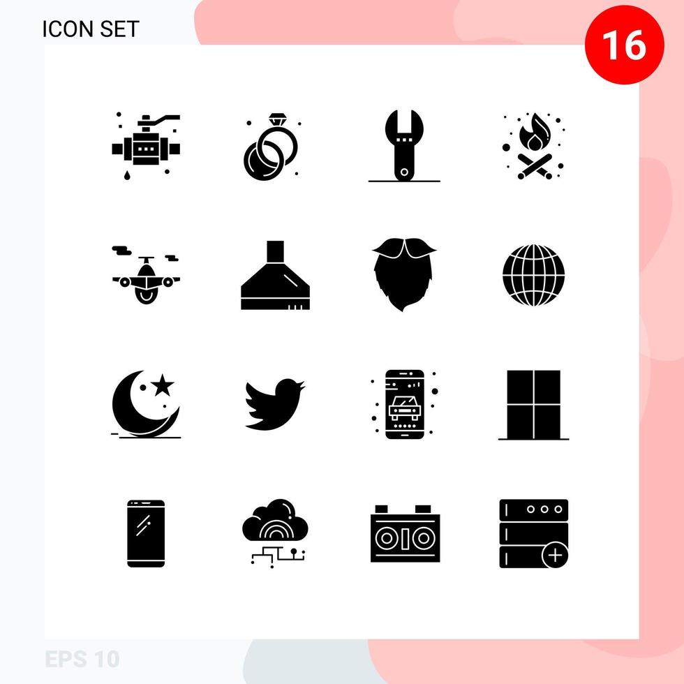 Gruppe von 16 modernen soliden Glyphen, die für bearbeitbare Vektordesign-Elemente für Extraktor-Transportspanner-Flugzeug-Partyzeit festgelegt werden vektor