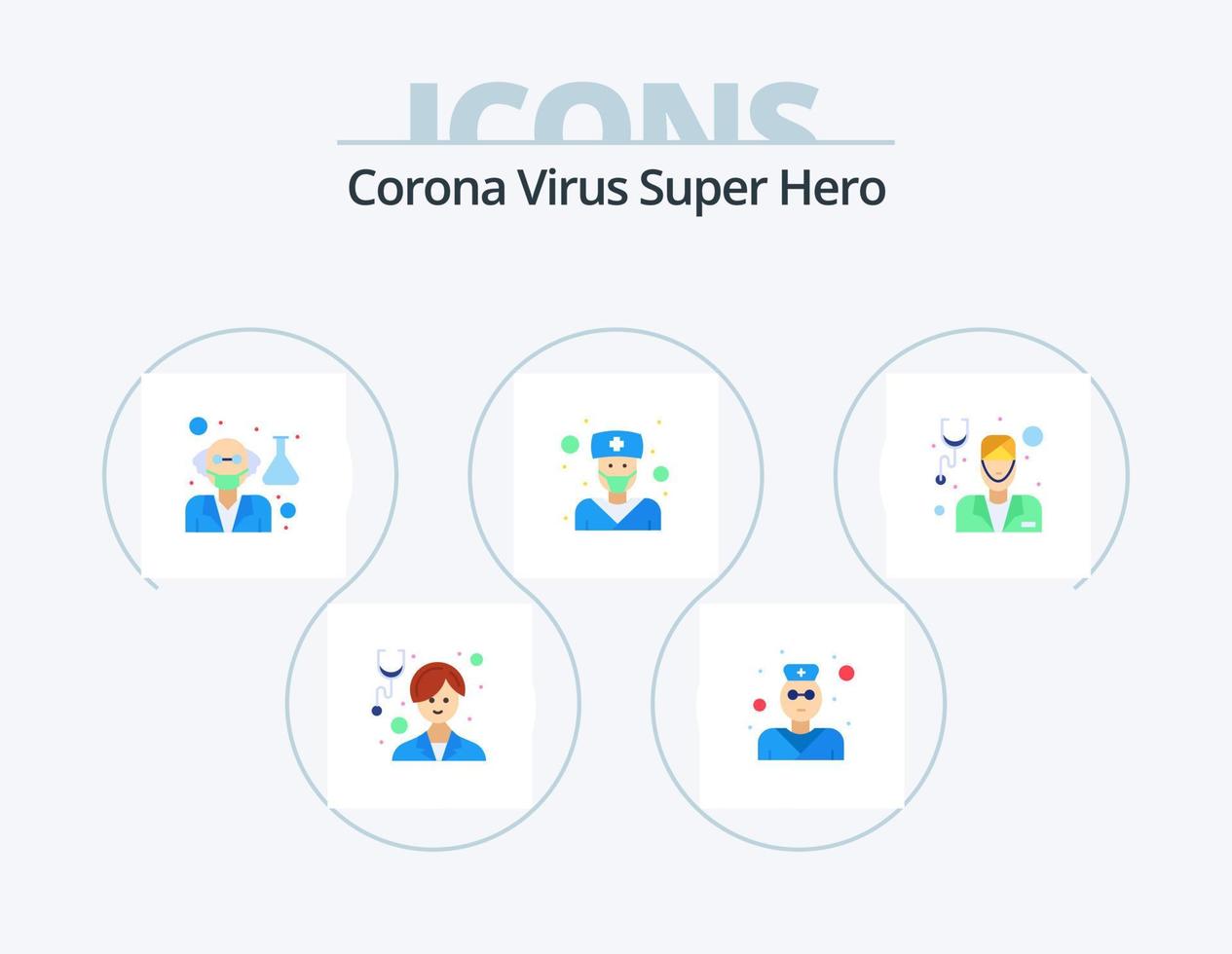 Corona-Virus Superheld Flat Icon Pack 5 Icon Design. Bart. Krankenschwester. Stethoskop. Mädchen. Wissenschaftler vektor