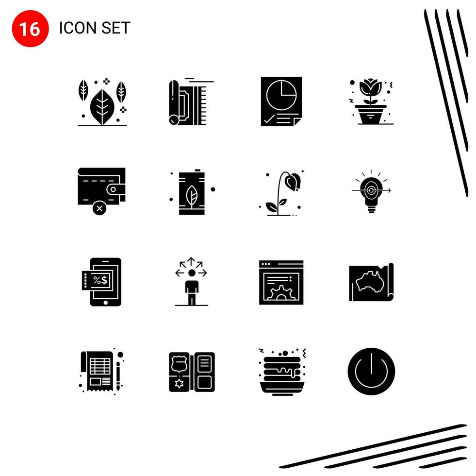 modern uppsättning av 16 fast glyfer pictograph av plånbok radera data pott blomma redigerbar vektor design element
