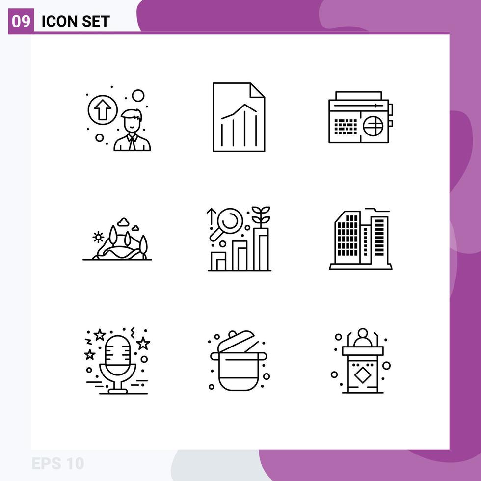 Stock Vector Icon Pack mit 9 Zeilen Zeichen und Symbolen für die Forschung Berg Radio Natur Hügel editierbare Vektordesign-Elemente