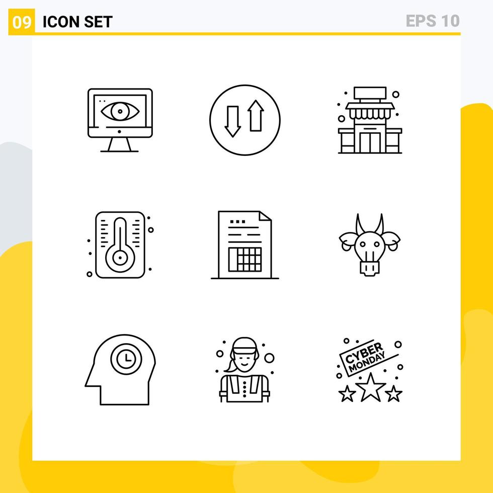 9 översikt begrepp för webbplatser mobil och appar fil data affär konto temperatur redigerbar vektor design element