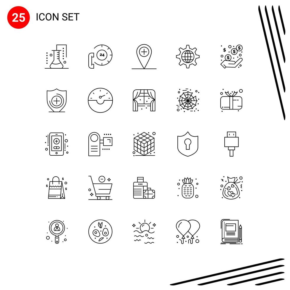 Gruppe von 25 Zeilen Zeichen und Symbolen zum Einstellen von editierbaren Vektordesign-Elementen für den Standort des Internet-Kontaktglobus vektor