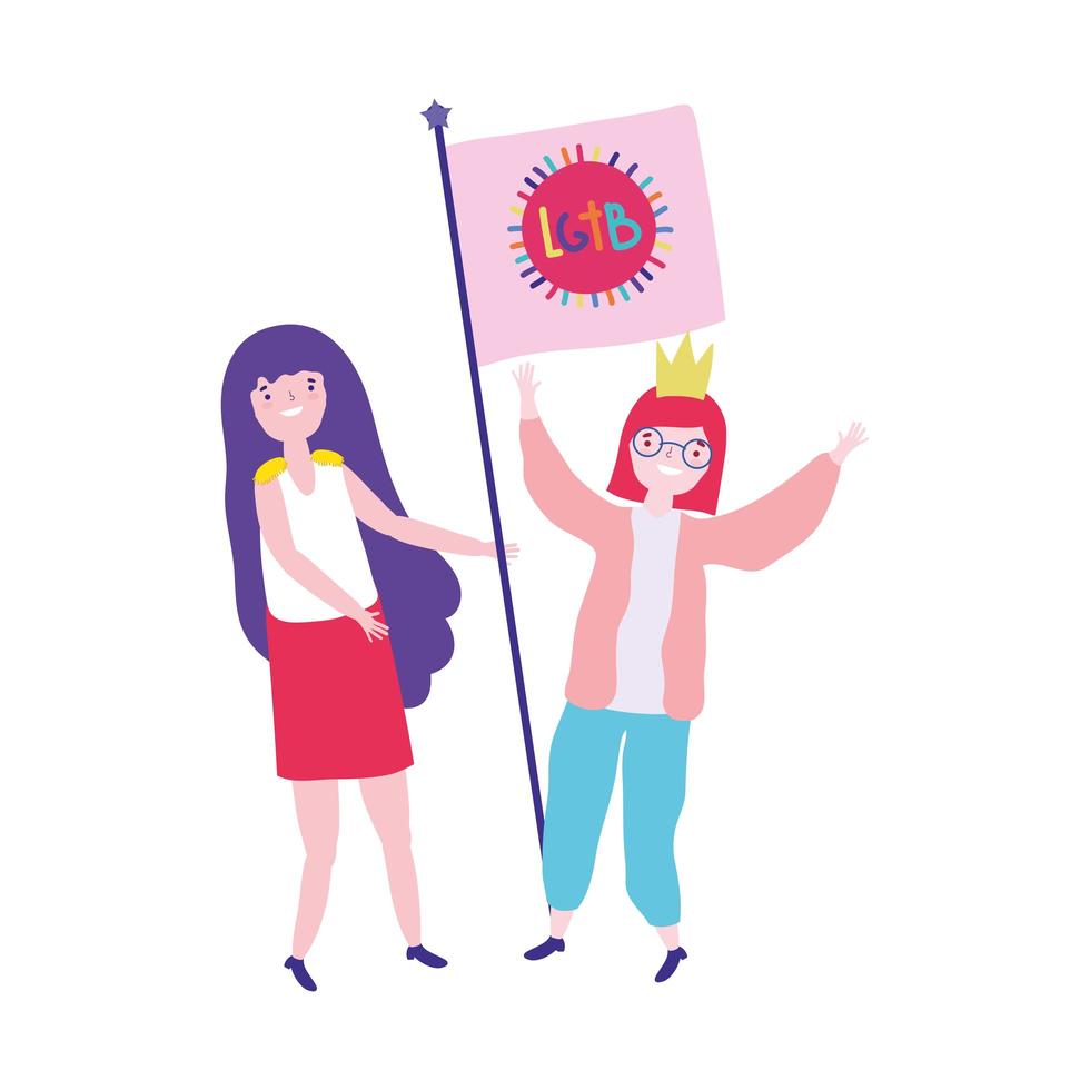 Stolz Parade lgbt Gemeinschaft, Frauen mit Flaggenrechten treffen Karikatur vektor