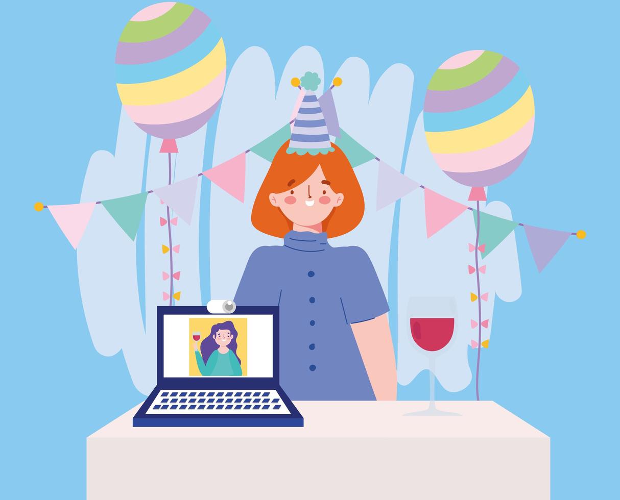 Online-Party, Geburtstag oder Treffen Freunde, Frau mit Hut Dekoration Ballons Laptop Mädchen im Bildschirm vektor