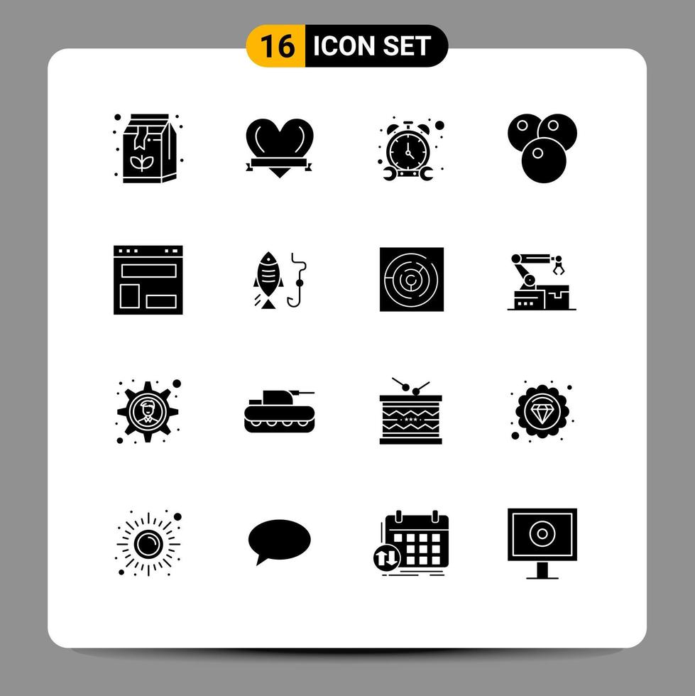 Piktogrammsatz von 16 einfachen soliden Glyphen von Website-Layout-Timer-Blog-Layout-Lebensmittel-editierbaren Vektordesign-Elementen vektor