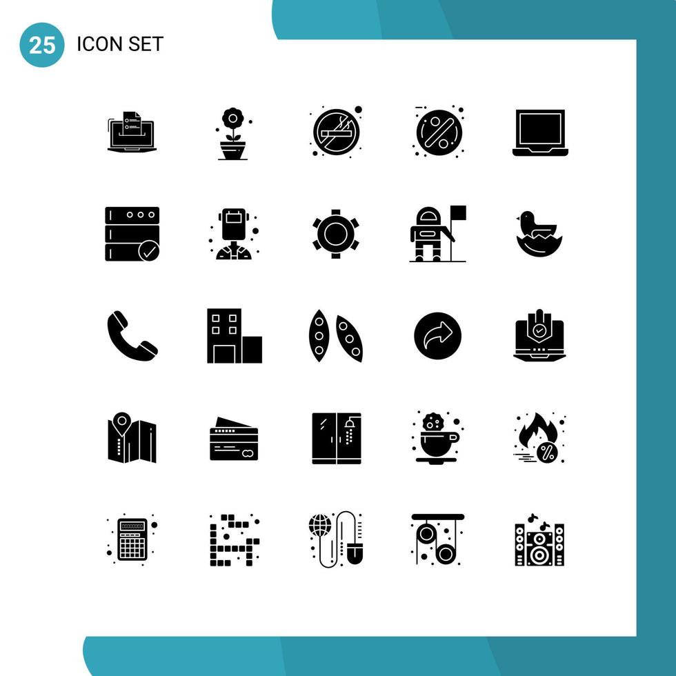 Mobile Schnittstelle solider Glyph-Satz von 25 Piktogrammen von Sale-Abzeichen-Wachstumsverkauf Rauchverbot editierbare Vektordesign-Elemente vektor