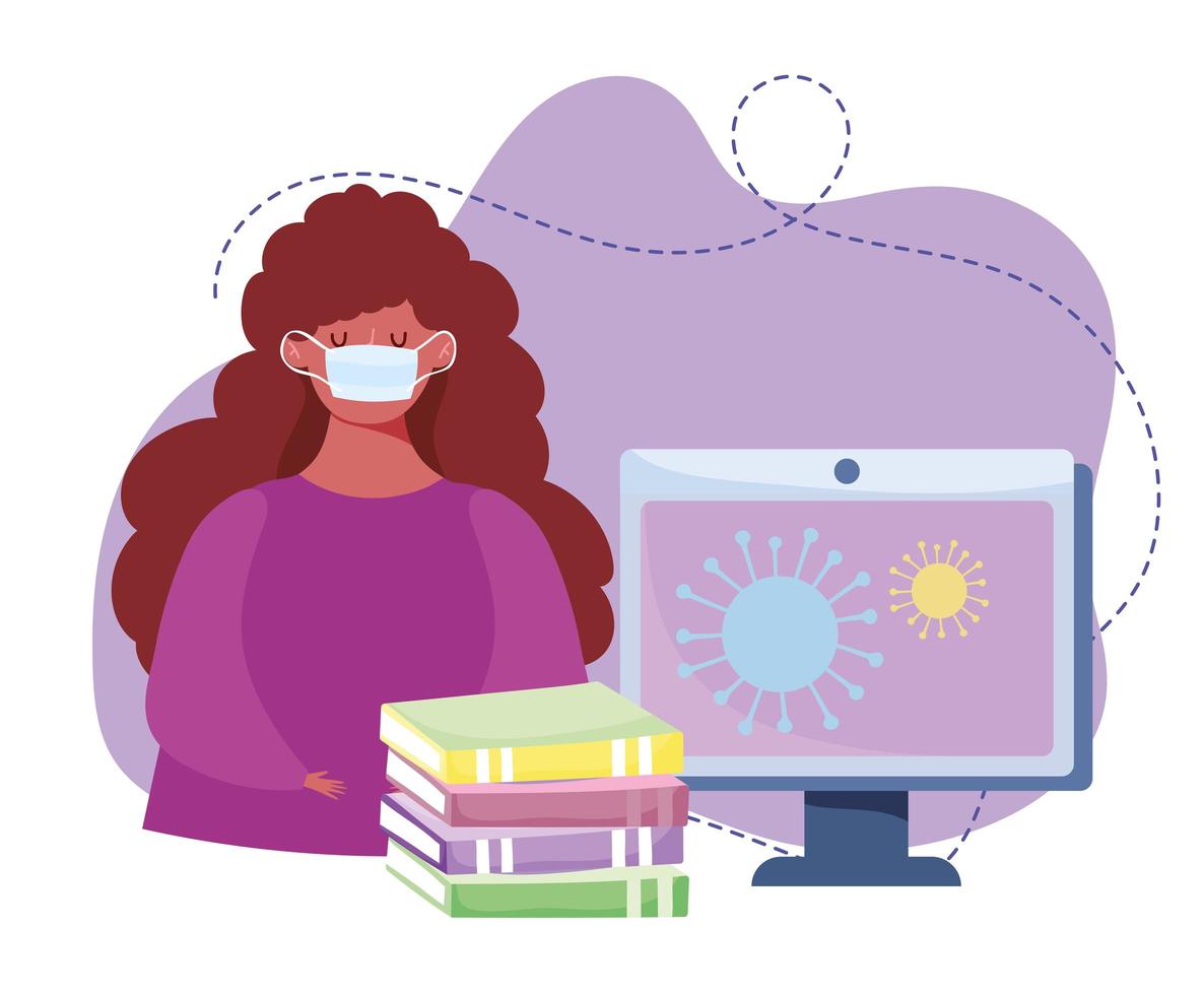Online-Training, Mädchen mit Maske Computer Bücher Coronavirus-Klasse, Kurse Wissensentwicklung über das Internet vektor