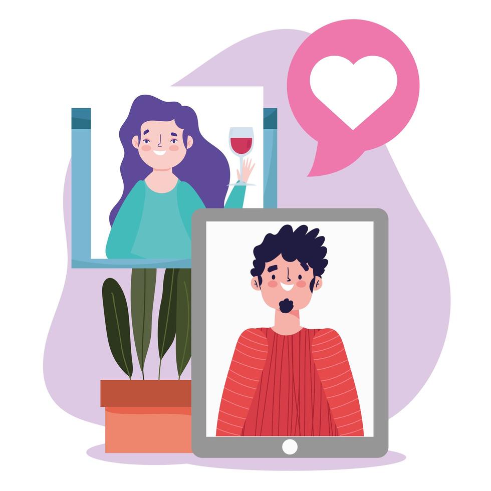 Online-Party, Geburtstag oder Treffen mit Freunden, Smartphone Mann und Frau Website sprechen Liebe vektor
