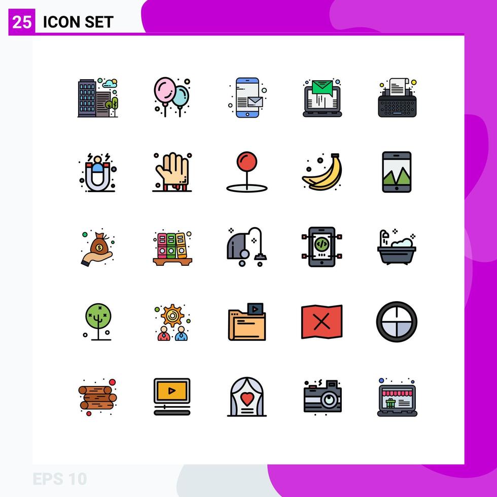 25 universell fylld linje platt färger uppsättning för webb och mobil tillämpningar författare typ telefon nycklar uppkopplad redigerbar vektor design element