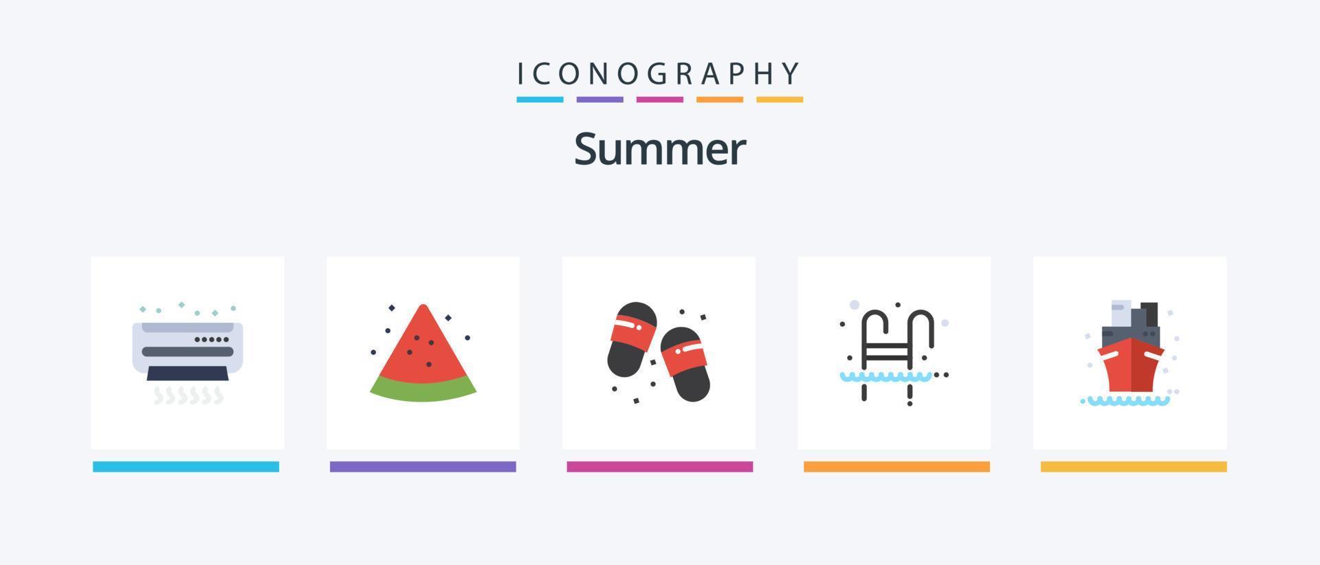 Summer Flat 5 Icon Pack inklusive Meer. Wasser. Flip-Flops. Baden. Schwimmbad. kreatives Symboldesign vektor