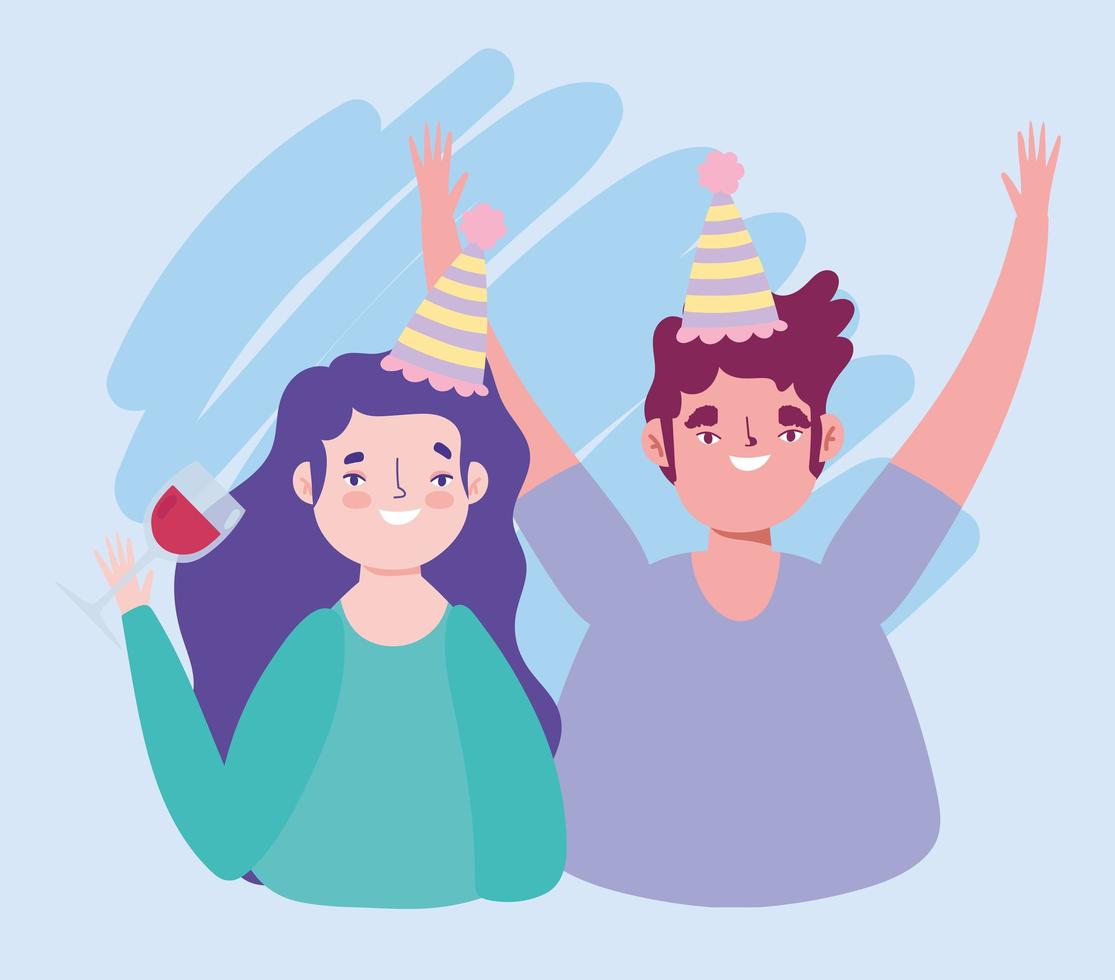 Geburtstag oder Treffen Freunde, Mann und Frau mit Hüten und Weinbecher Feier Veranstaltung vektor