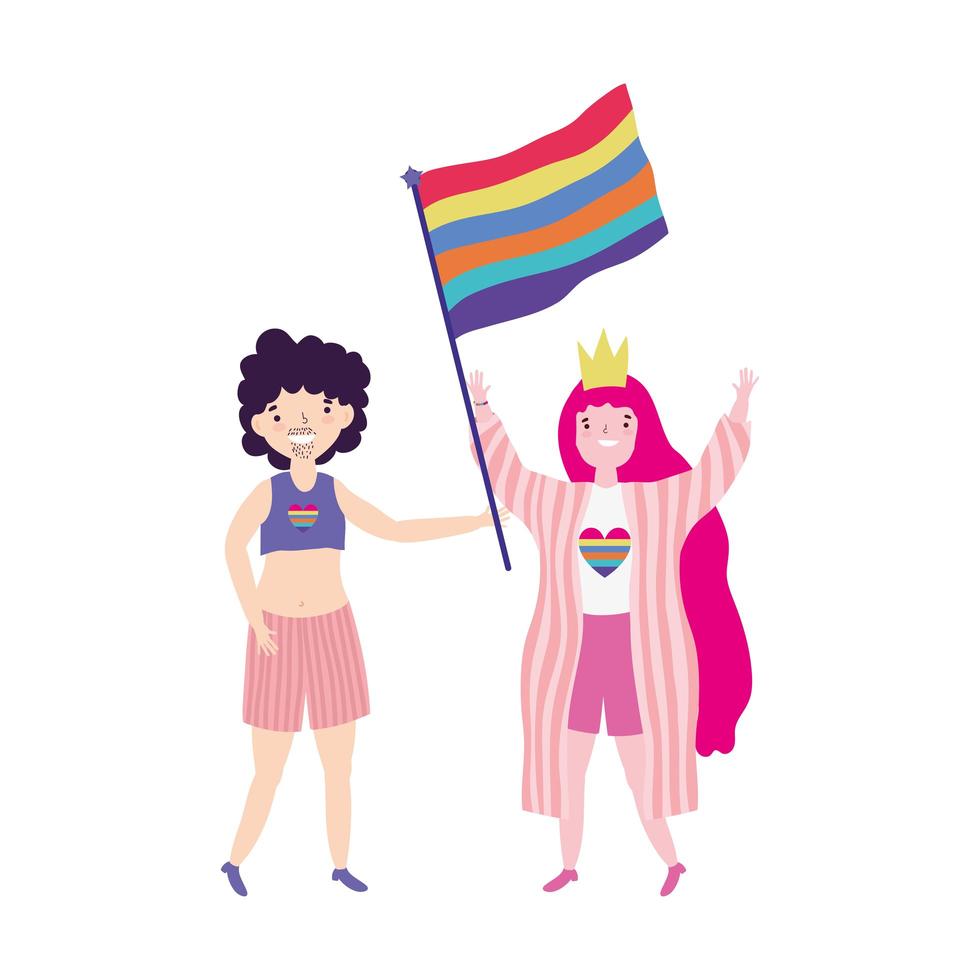 pride parade lgbt community, kvinna med krona och flagga, transgender man vektor