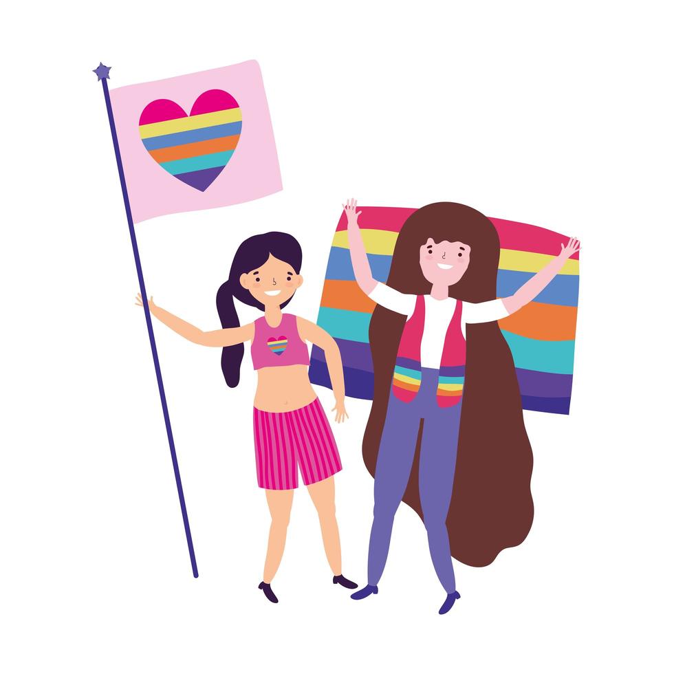 pride parade lgbt community, flickor med flagga älskar hjärta regnbågedekoration vektor