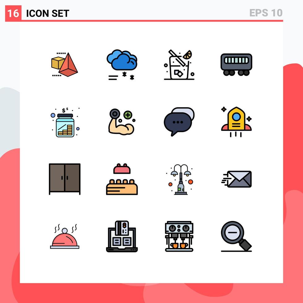 mobil gränssnitt platt Färg fylld linje uppsättning av 16 piktogram av besparingar burk mat mynt tåg redigerbar kreativ vektor design element