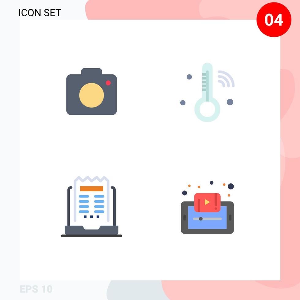 Packung mit 4 modernen flachen Symbolen, Zeichen und Symbolen für Web-Printmedien wie bearbeitbare Vektordesign-Elemente für Kamera-Laptop-Bildtemperatur-Newsletter vektor