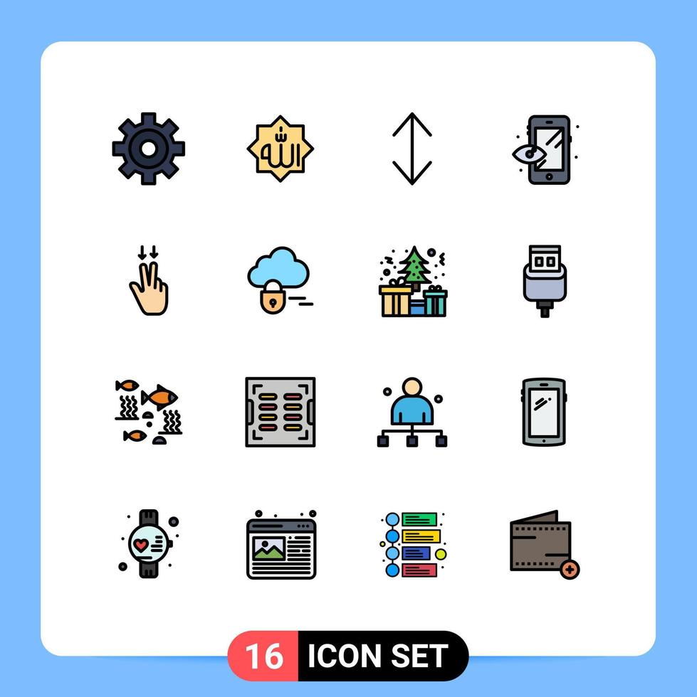 Piktogrammsatz aus 16 einfachen, flachen, farbgefüllten Linien der Serverwolke verkleinern Finger editierbare kreative Vektordesign-Elemente vektor